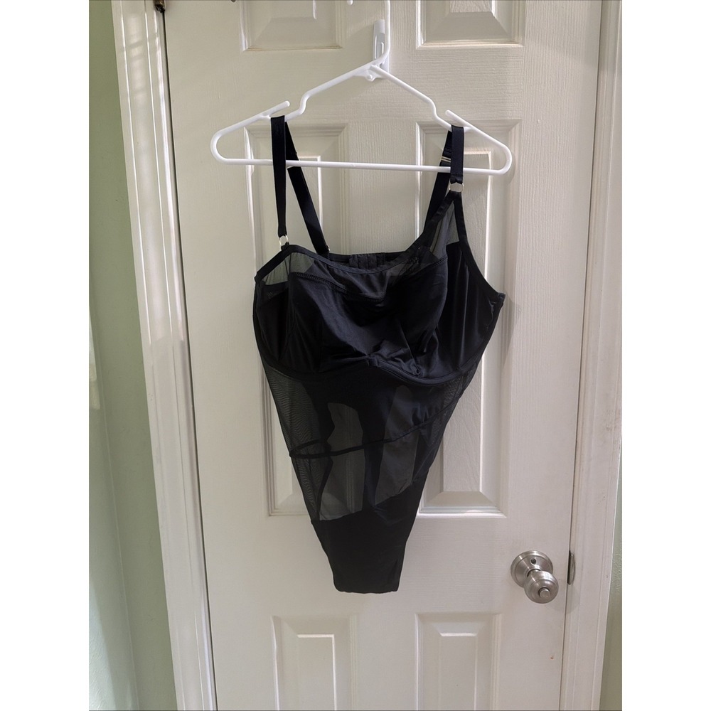 Lane Bryant Cacique Black Bodysuit Sz 42DD Thong Sheer Underwire Adjustable